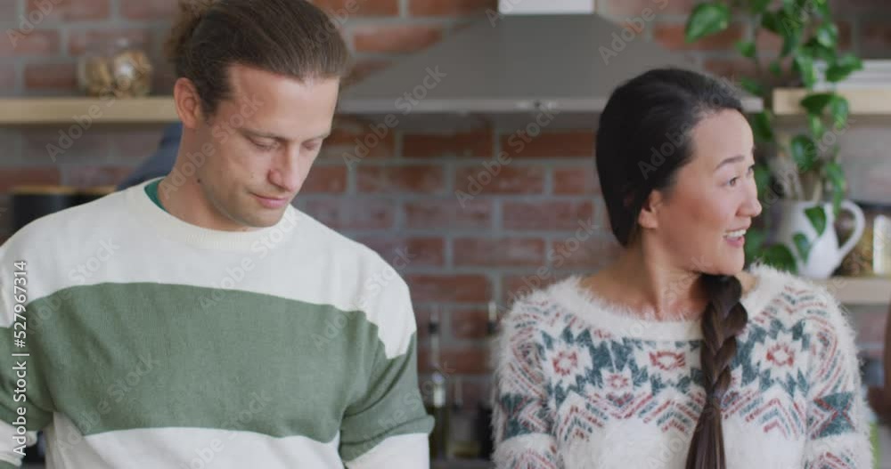 Three happy diverse female and male friends talking while cooking together in kitchen Three happy diverse female and male friends talking while cooking together in kitchen