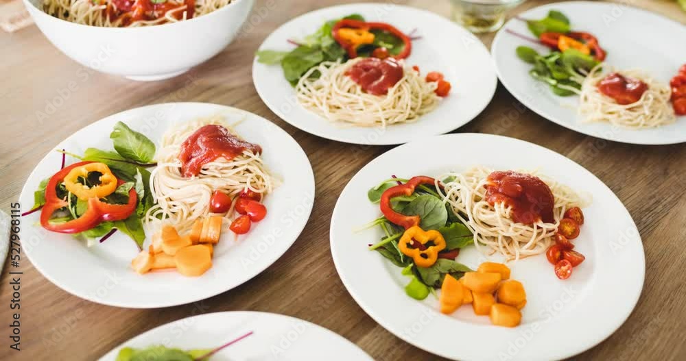 Animation of pasta and vegetables on countertop in kitchen Animation of pasta and vegetables on countertop in kitchen
