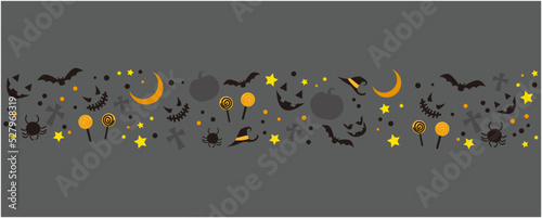 Halloween festival concept decorative banner. Horror, Scary, Funny face, pumpkin, monster and dark night elements pattern on dark gray background. Happy halloween background. Vector illustration.