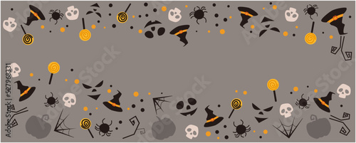 Halloween festival concept decorative banner. Horror, Scary, Funny face, pumpkin, monster and dark night elements pattern on dark gray background. Happy halloween background. Vector illustration. photo