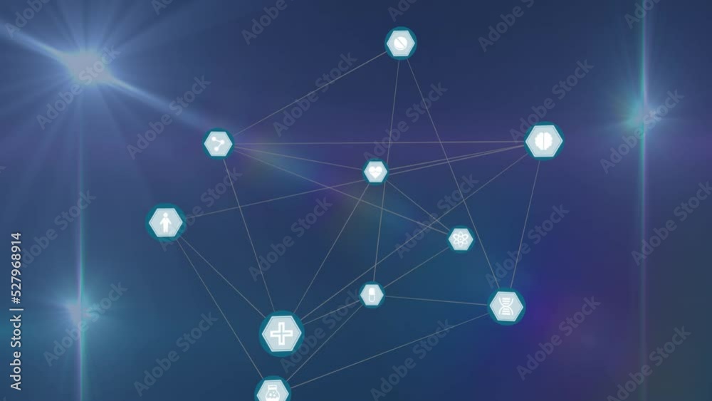 Network of digital icons against spot of light and lens flare on blue background Network of digital icons against spot of light and lens flare on blue background