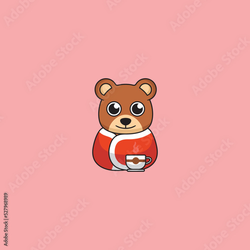 Cute Bear With Coffee Logo Design Cartoon Illustration