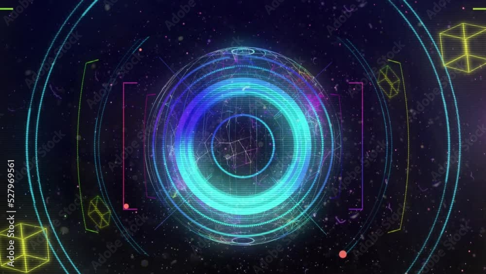 Animation of diverse geometrical shapes and pink cubes moving over rotating globe Animation of diverse geometrical shapes and pink cubes moving over rotating globe