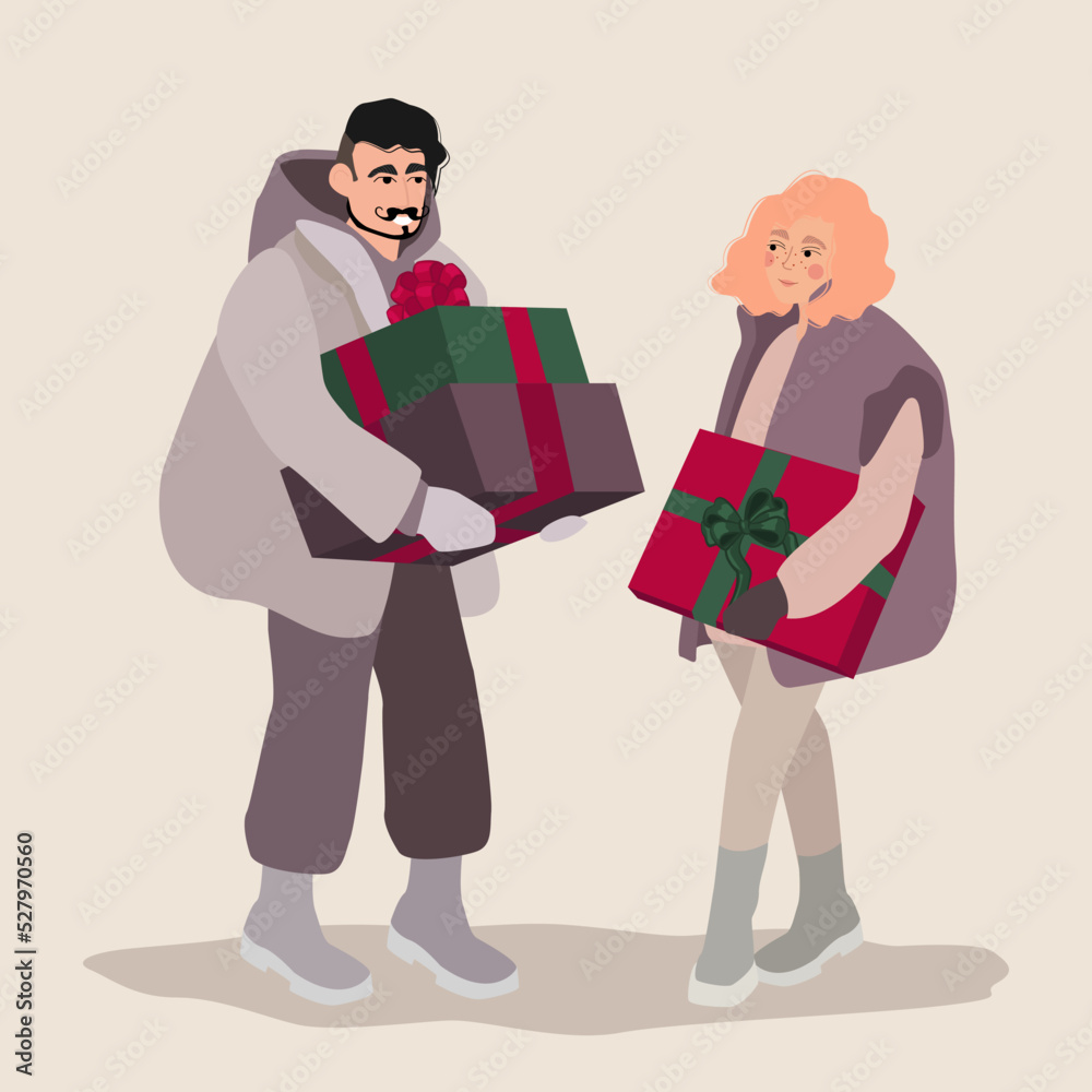 Couple presenting gifts to each other for holiday.