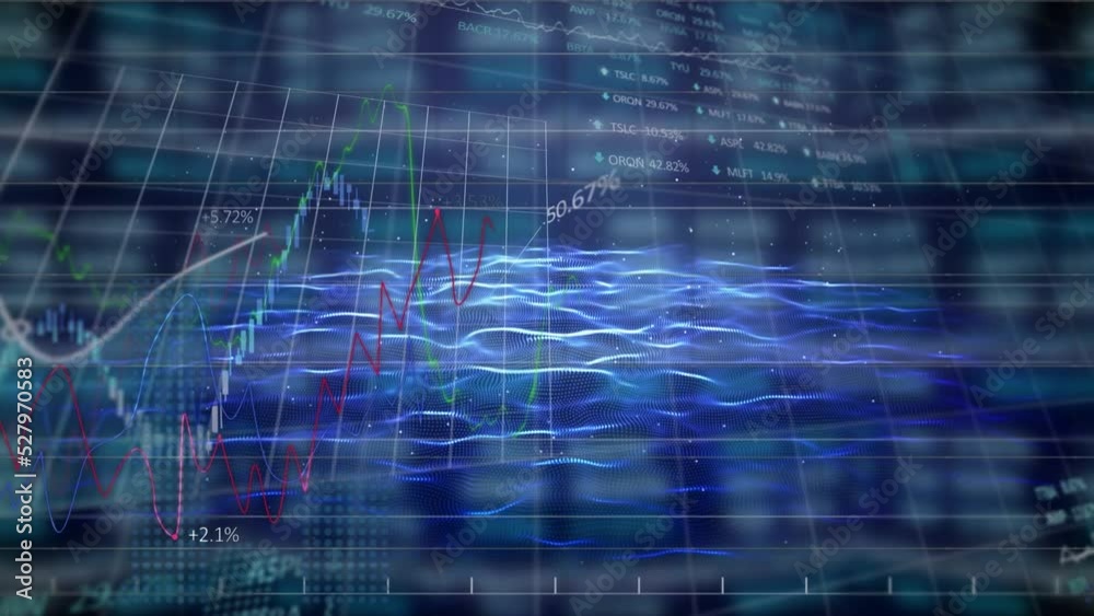 Animation of green and red lines with financial data processing over grid Animation of green and red lines with financial data processing over grid