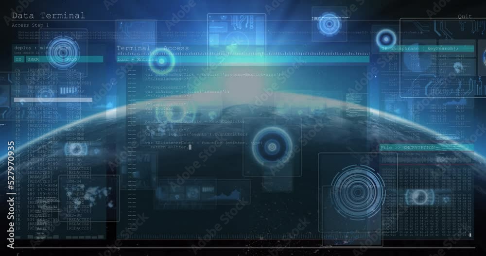 Digital interface with data processing against globe on blue background Digital interface with data processing against globe on blue background