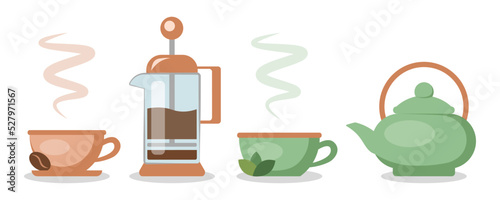 Coffee and green tea. Cups, teapot and French press set isolated vector. Crockery elements vector collection. Steam from a cup containing a hot drink. Green and orange cups. 