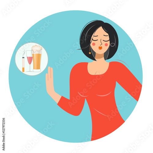 The woman is categorically against alcohol and smoking. Icon of a girl giving up bad habits in flat design. Quit drinking alcohol and beer, smoking for good health. Vector illustration.