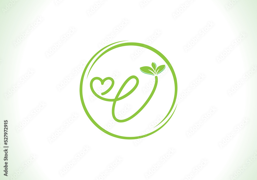 Love healthy and green nutrition leaf logo design vector and the letters. Green love leaf vector. with V Love healthy and green nutrition leaf logo design vector and the letters. Green love leaf vector. with V