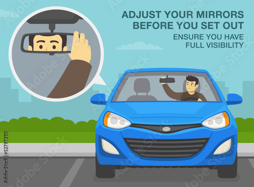 Safe driving tips and traffic regulation rules. Adjust your mirrors before you set out, ensure you have full visibility. Parked blue sedan car on city parking. Flat vector illustration template.