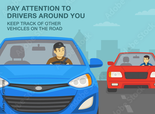 Safe driving tips and traffic regulation rules. Pay attention to drivers around you, keep track of other vehicles. Male driver looking at wing mirror while driving. Flat vector illustration template.