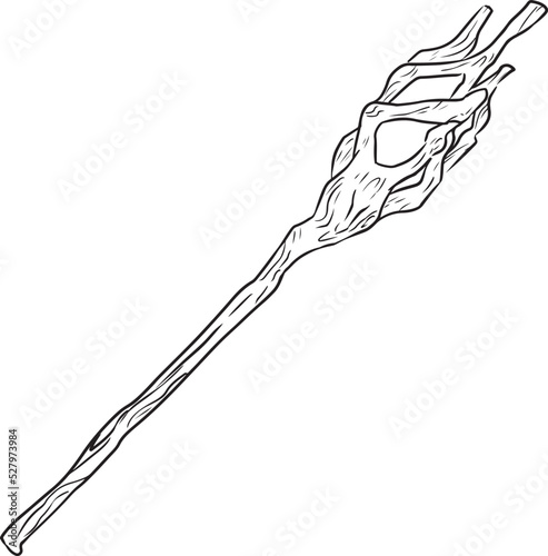 Wooden staff magical stick doodle isolated icon. Sketch of druid or sorcerer staff comic style image. Hand drawn isolated lineart image for prints, designs, cards. For books, stickers, posters