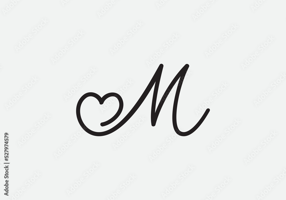 Love sign logo design vector. Love and heart icon and symbol design vector with M Love sign logo design vector. Love and heart icon and symbol design vector with M