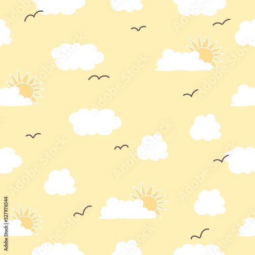 sunny day with flying birds and cloud illustration on orange sky background. hand drawn vector. seamless pattern with cloud and sun. doodle for kid fashion, wallpaper, wrapping paper and gift, fabric.