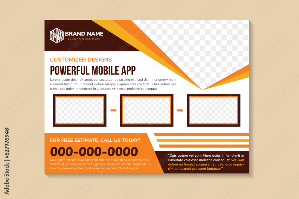 abstract modern template design with headline is powerful mobile app. space of photo collage and text. Advertising banner with horizontal layout. white on background. brown and yellow on element.