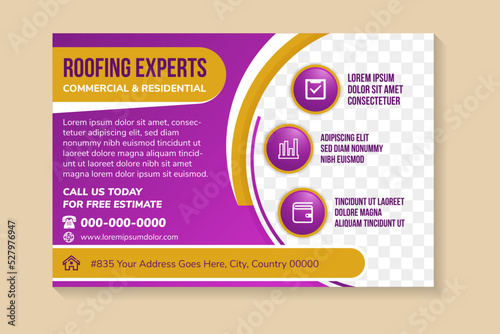 abstract flyer template design with headline is roofing experts. space of photo collage and text. Advertising banner with horizontal layout. purple gradient on background. brown gold on element.