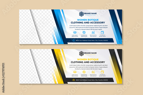 abstract template design with headline is women boutique . space of photo collage and text. Advertising banner with horizontal layout. white grey gradient on background. blue and yellow on element.