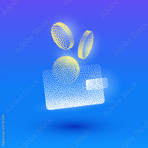 Wallet and coins with transparent effect. Halftone money simple icon with minimalistic wallet and coin shape.  Dots textured payment illustration.