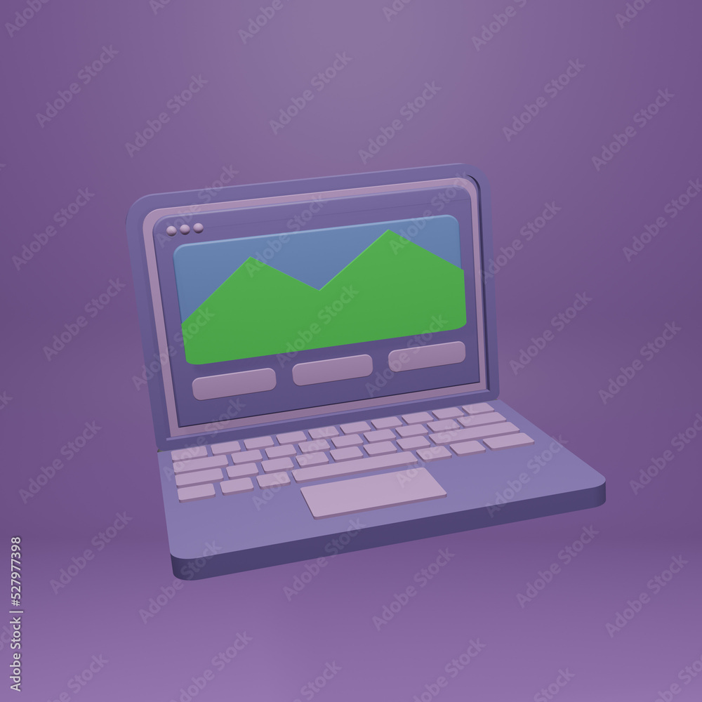 3d icon laptop with landing page in the screen monitor 3d icon laptop with landing page in the screen monitor