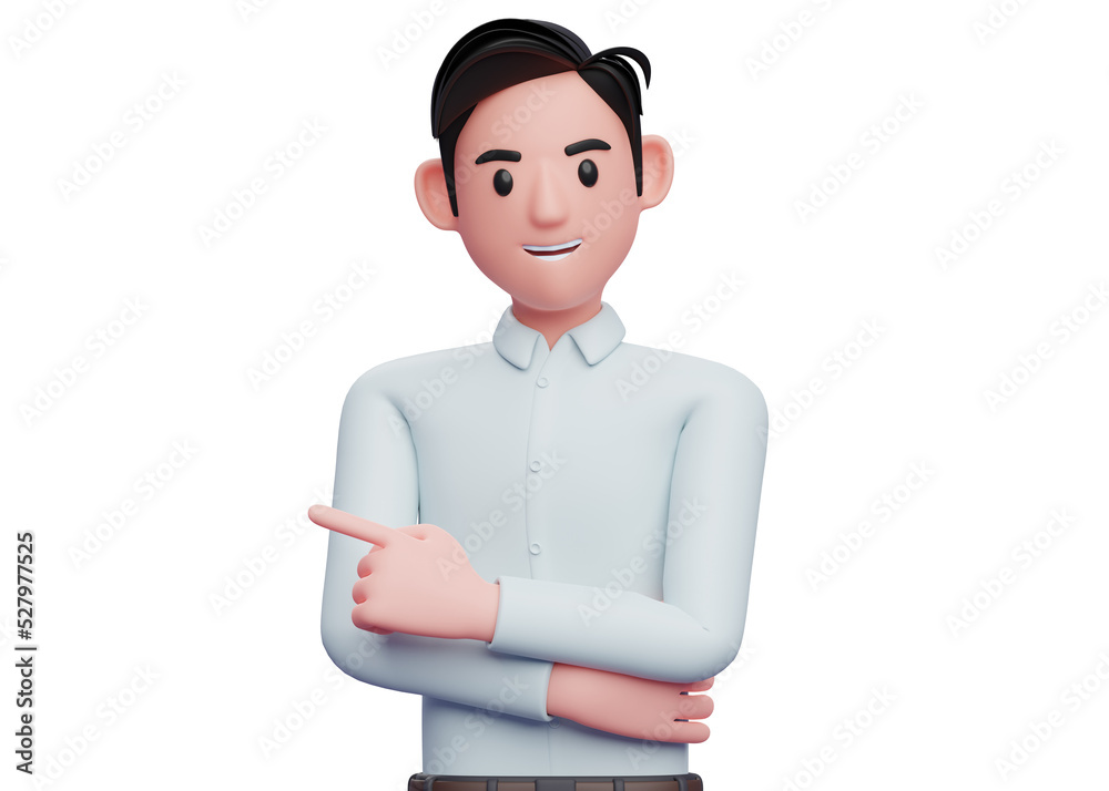 businessman in blue shirt pointing to the left and hand crossed on chest, 3D illustration of businessman pointing