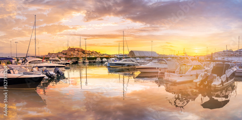 Landscape with Eivissa harbour at sunset time, Ibiza island, Spain
