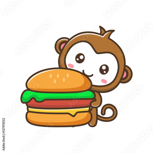 Cute litle monkey with burger cartoon illustration isolated suitable For sticker, crafting, scrapbooking, poster, packaging, children book cover