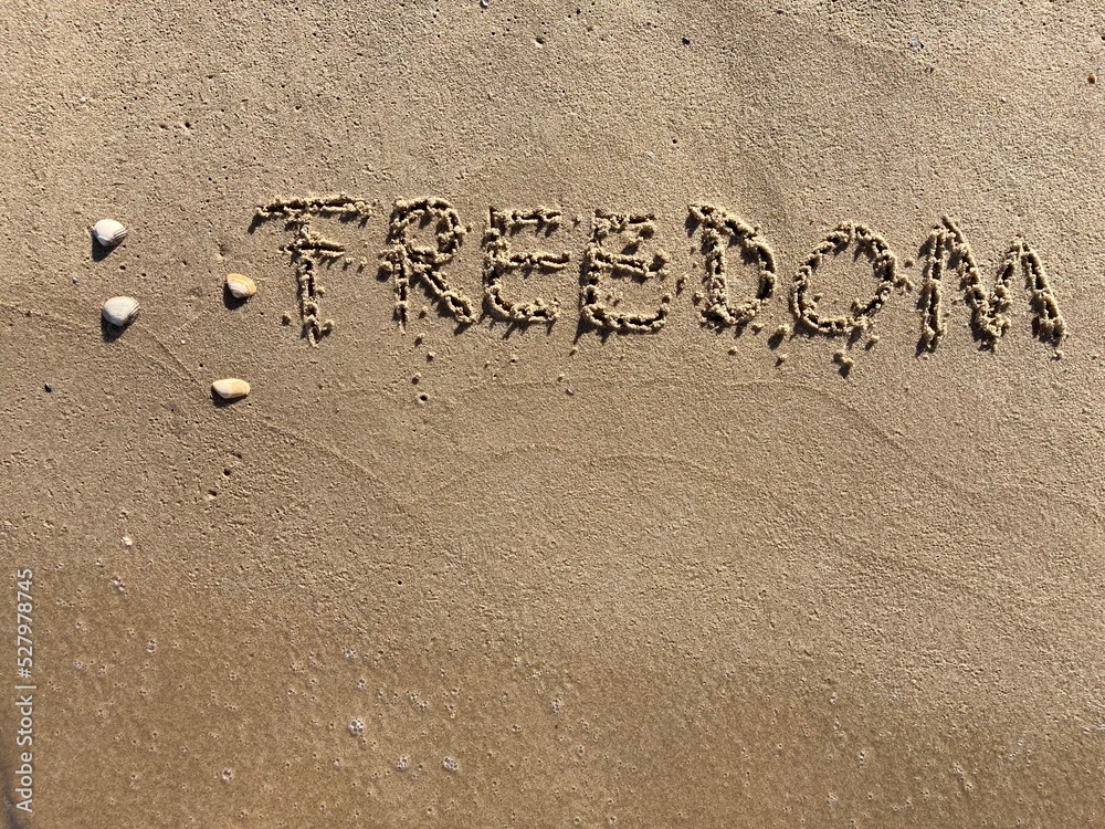 Fototapeta premium on the beach is carved with letters in the smooth sand the writing freedom