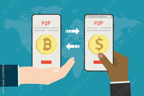 Peer to peer business communication, P2P banner. People send and receive money, secure exchange from currency to bitcoin or cryptocurrency. Multi Ethnic hands holds mobile phones. photo