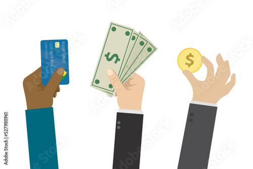 People's hands hold different payment options. Banknotes, coin and plastic card. Cash and non-cash money. Payment for goods and services.