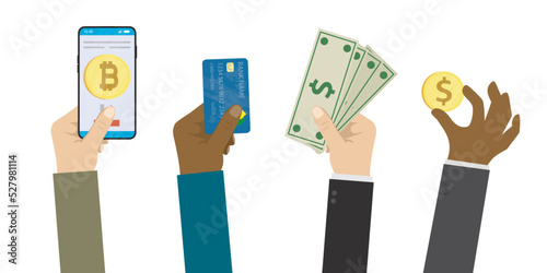 Human hands hold different payment options. Banknotes, coin, plastic card and cryptocurrency. Cash and non-cash money. Payment for goods and services. E-payment and traditional money.