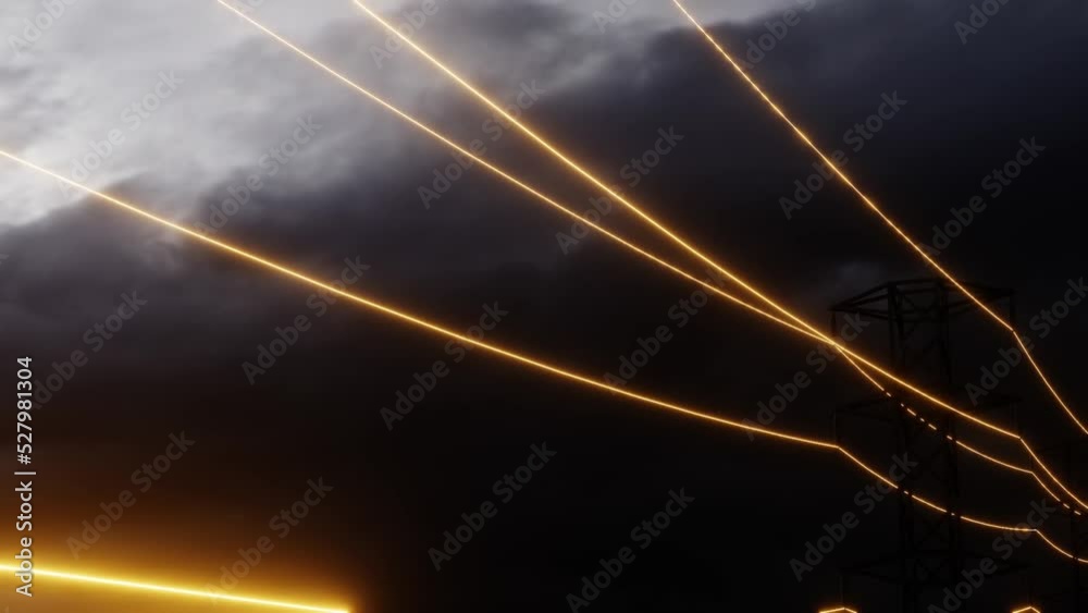 Abstract high voltage electricity pole 3d render seamless looping animation. Glowing wires on electricity pylon with dark dramatic night sky.