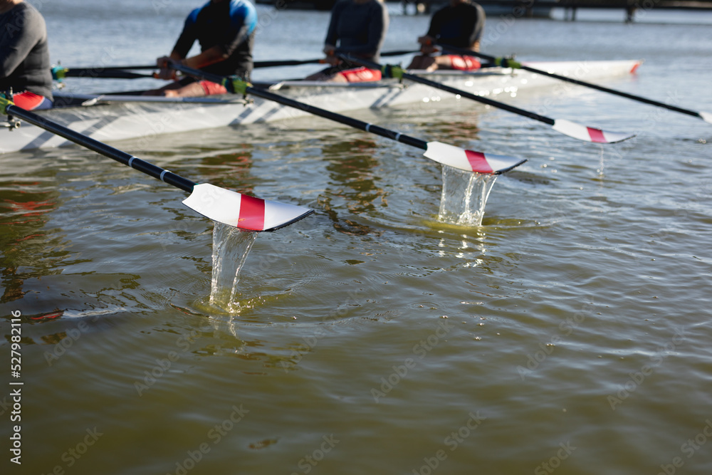 Mid section of senior caucasian rowing team rowing the boat on the lake Mid section of senior caucasian rowing team rowing the boat on the lake