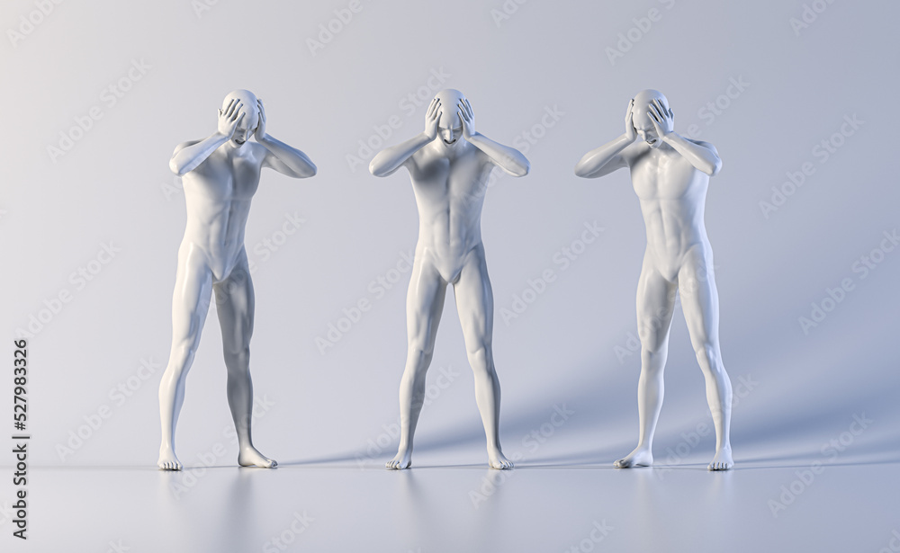Technological human male mannequin standing with hands holding his head with pain and stress emotion - 3d anatomy artificial intelligence illustration Technological human male mannequin standing with hands holding his head with pain and stress emotion - 3d anatomy artificial intelligence illustration