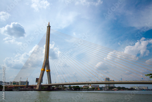 Thailand, Bangkok, Chao Phraya River, bridge across the river, Rama IX bridge, suspension bridge