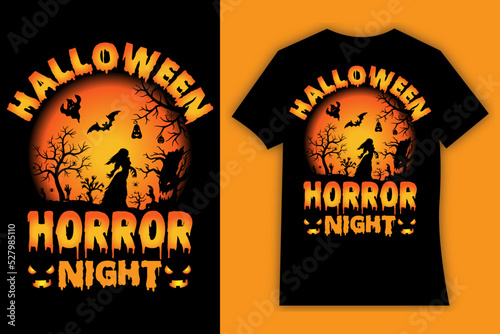 Halloween horror night t-shirt design Vector cartoon style illustration of pumpkin  witch cat  and bats  isolated on black background. Print for t-shirts  Mugs and Coffee cups  Cards and frame artwork