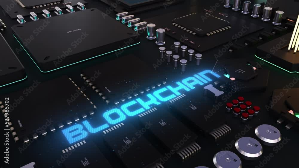blockchain header on the background of a chip with many processes. the concept of digital money and data protection blockchain header on the background of a chip with many processes. the concept of digital money and data protection