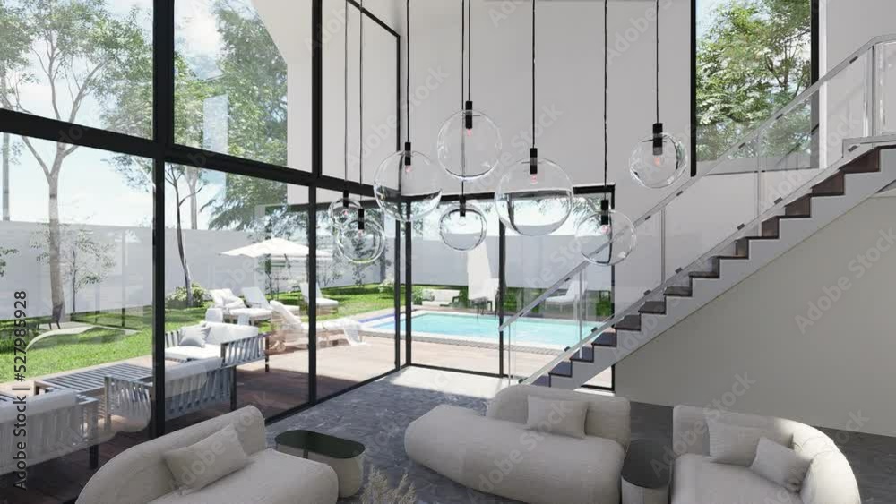 Interior of a modern living room in a house 3D animation.