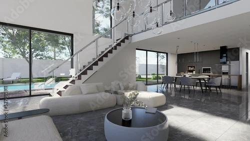 Interior of a modern living room in a house 3D animation.