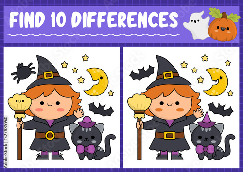 Halloween find differences game for children. Attention skills activity with cute witch, black cat, moon and broom. Puzzle for kids with funny characters. Printable what is different worksheet.