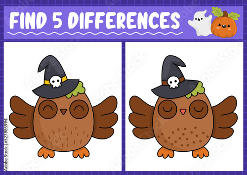 Halloween find differences game for children. Attention skills activity with cute owl. Puzzle for kids with funny character. Printable what is different worksheet.