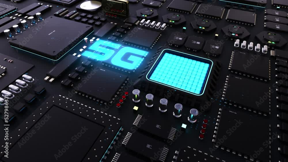 5g header. next generation chip and processor animation. big power technological breakthrough 5g header. next generation chip and processor animation. big power technological breakthrough