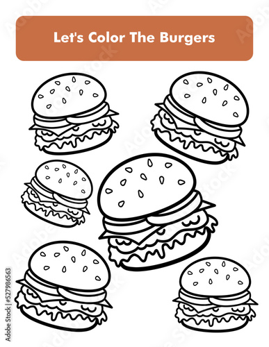 Burger Sandwich Coloring Book Page In Letter Page Size. Children Coloring Worksheet. Premium Vector Element.
