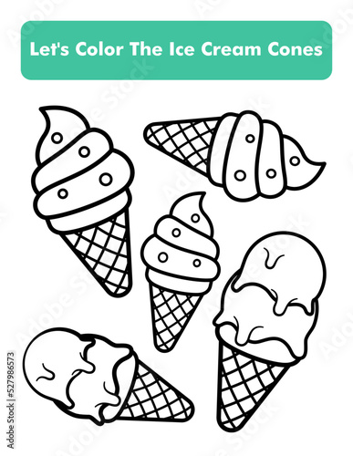 Ice Cream Cones Coloring Book Page In Letter Page Size. Children Coloring Worksheet. Premium Vector Element.