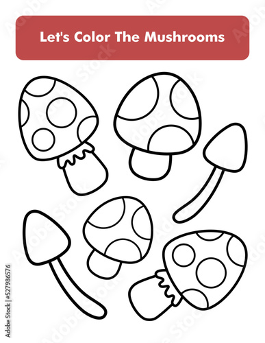 Mushrooms Coloring Book Page In Letter Page Size. Children Coloring Worksheet. Premium Vector Element.