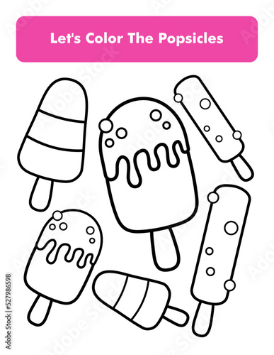 Popsicles Coloring Book Page In Letter Page Size. Children Coloring Worksheet. Premium Vector Element.