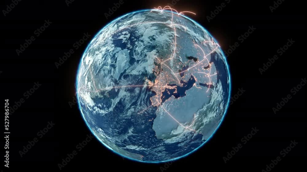 Abstract Tech Earth Globalization in 3d Motion Graphic. Concept Transmit Ai Networking on Fiber Optic. Transfer 5g Web Communications Signal on Worldwide. Global Business Dots on Rotating Blue Planet