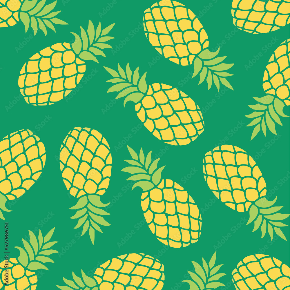 Pineapple fruit collage background with green base. Fruit wallpapers. Editable vector design elements
