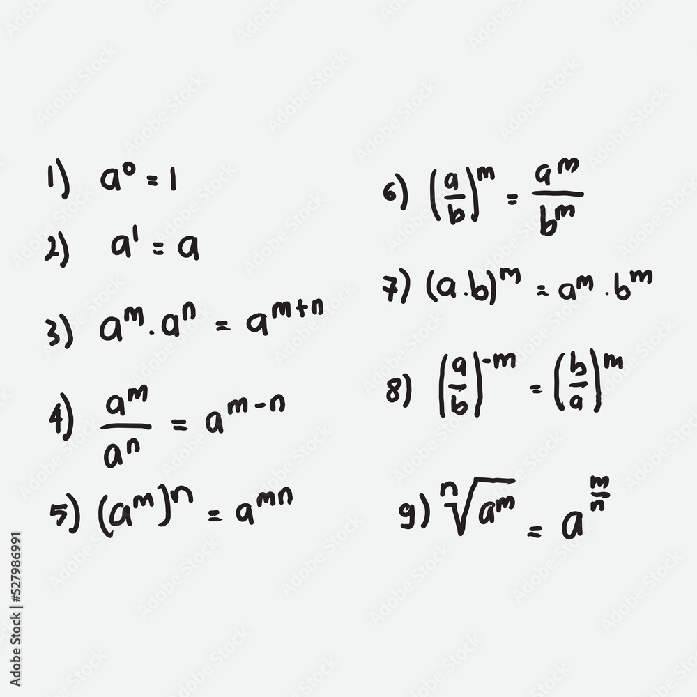 Obraz premium Math formula. Characteristics of numbers to exponents written by hand. High level math. Chapter Exponential and root form