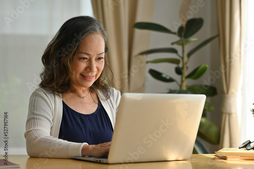 60s middle aged businesswoman working with laptop computer at home, online working, remote working from home.