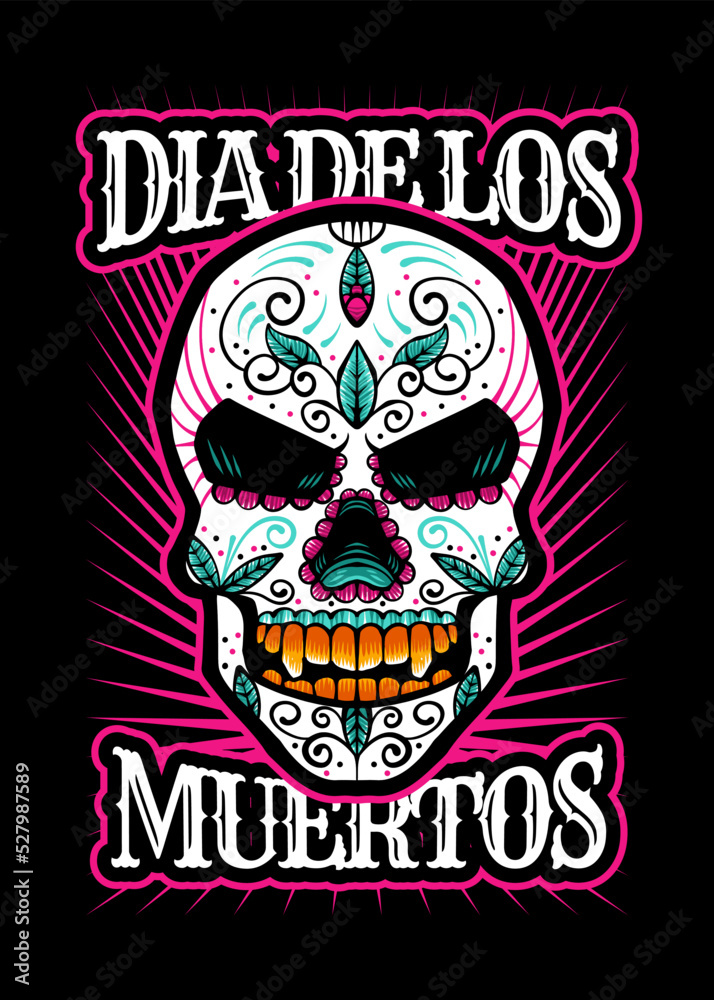 Dia de los muertos, Day of the dead skull, Mexican holiday, festival Vector Japanese Illustration Style Isolated. Editable Layer and Color.